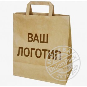 Пакет крафт, с плоскими ручками, бурый с логотипом - Юнион Пак